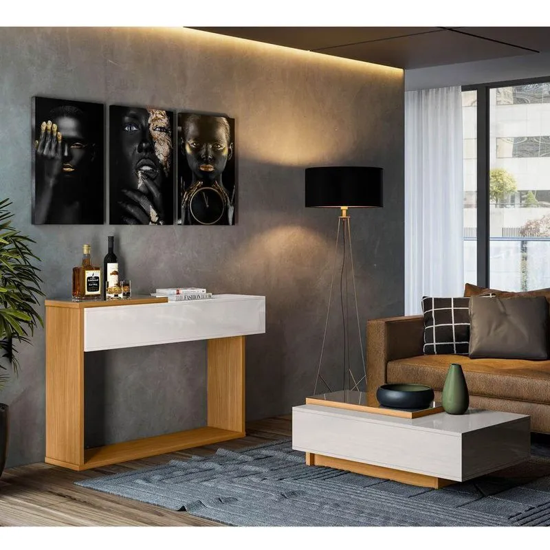 Conjunto De Sala Milão Off White Perolizado/Tauari Aparador E Mesa De Centro Com Espelhos