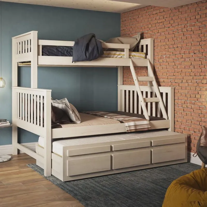 Treliche com Cama de Casal Branco Lavado c/ Cama Auxiliar 3 Gavetas Madeira Pinus - Saraiva