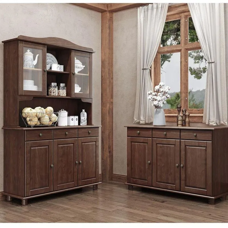 Conjunto Cozinha: Cristaleira 5 Portas 3 Gavetas Balcão 3 Portas 3 Gavetas Rubi Café Madeira Pinus - Finestra