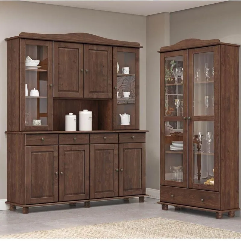 Conjunto Cozinha: Cristaleira 8 Portas 4 Gavetas E Vitrine 2 Portas 1 Gaveta Rubi Café Madeira Pinus - Finestra