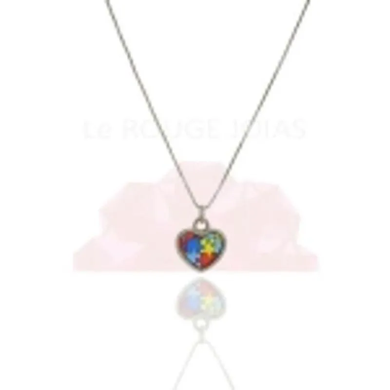 Colar Pingente Coração Autista-Banhado A Platina - 45Cm