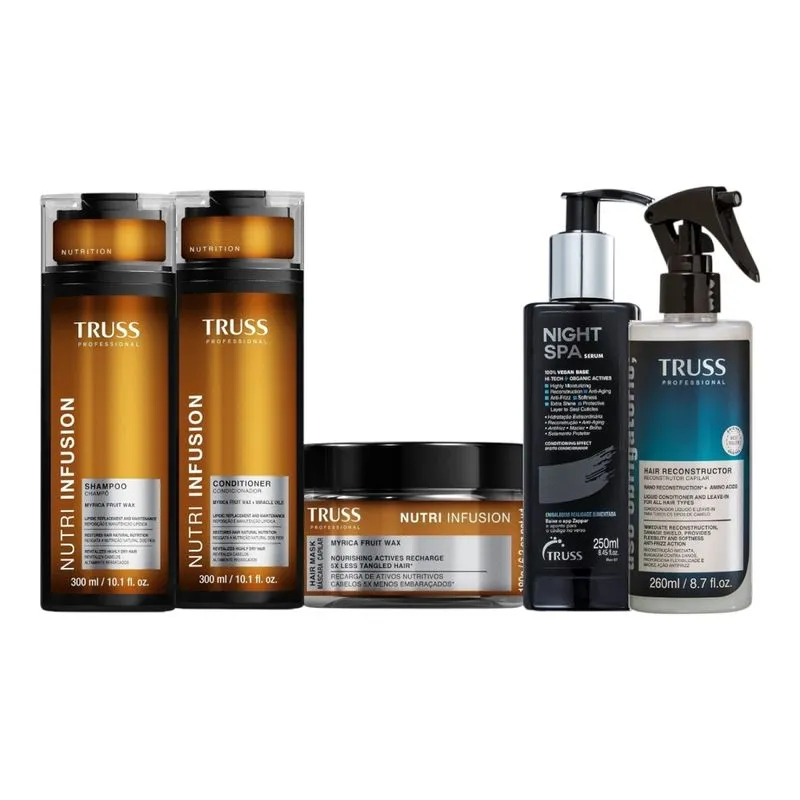 Kit Truss Nutri Infusion - Shampoo 300ml + Condicionador 300ml + Máscara 180g + Night Spa 250ml + Uso Obrigatório Spray 260ml