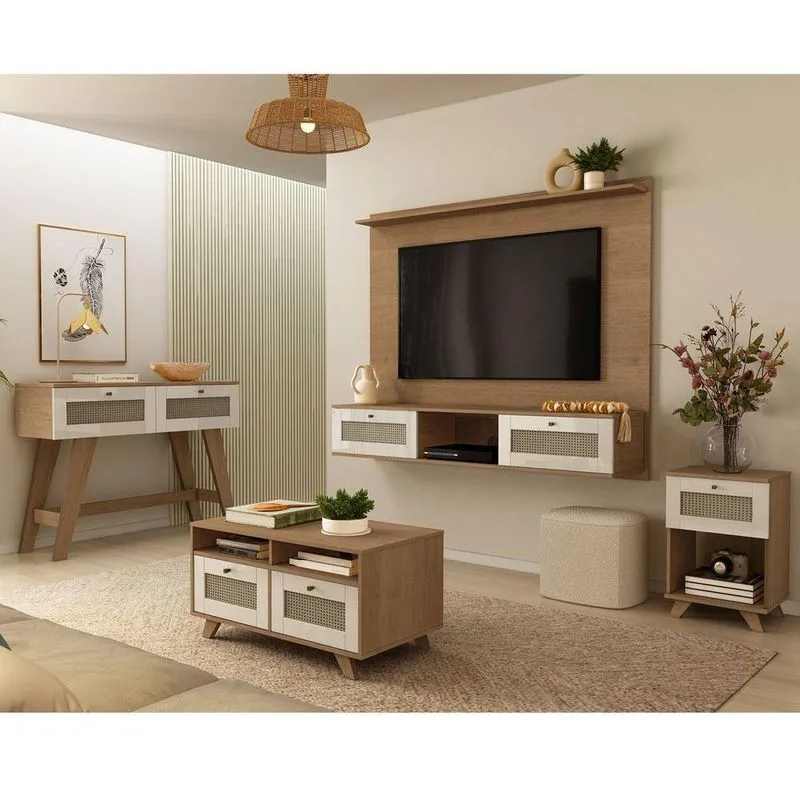 Conjunto Sala Painel P/ Tv Até 72", Aparador 2 Gavetas, Mesa Centro E Apoio Trama Cinamomo/off White - Artely