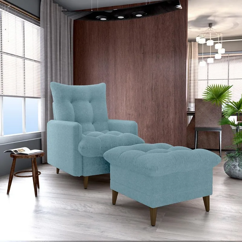 Conjunto p/ Sala Montreal 1 Poltrona Decorativas e 1 Puff Bouclê Azul - Matrix