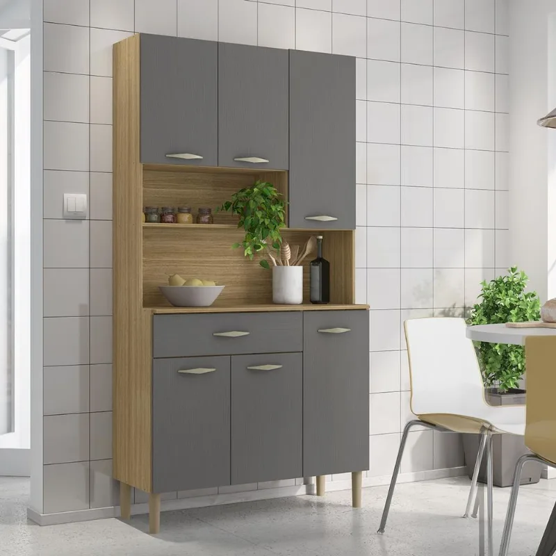 Armário Cozinha Compacta Apolo com 6 Portas e 1 Gaveta em MDP Freijó/Gris - Kits Paraná