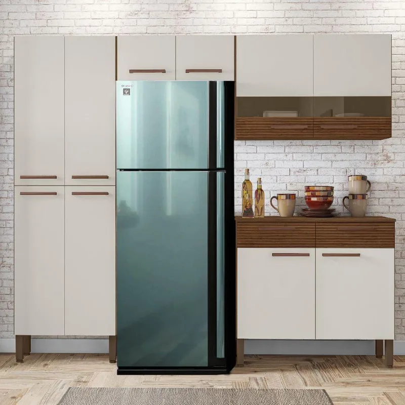 Armário De Cozinha Compacta Nala Nogueira/off White/cp-ripado 8 Portas, 2 Gavetas E Balcão Com Tampo - Kits Paraná