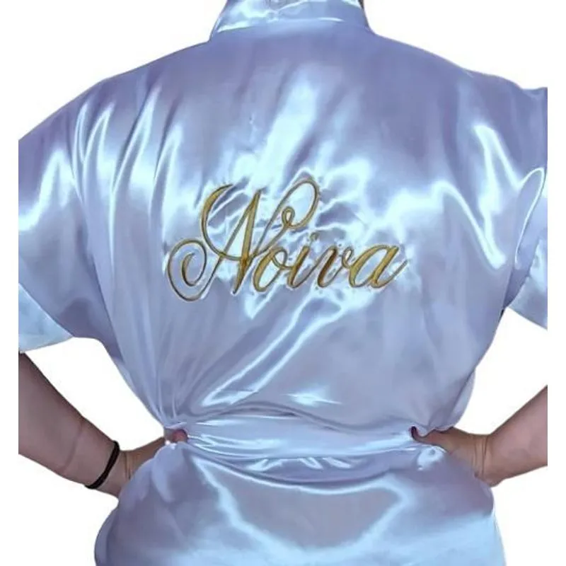 Robe Noiva Bordado Tecido Cetim Branco Dourado - Tamanho M