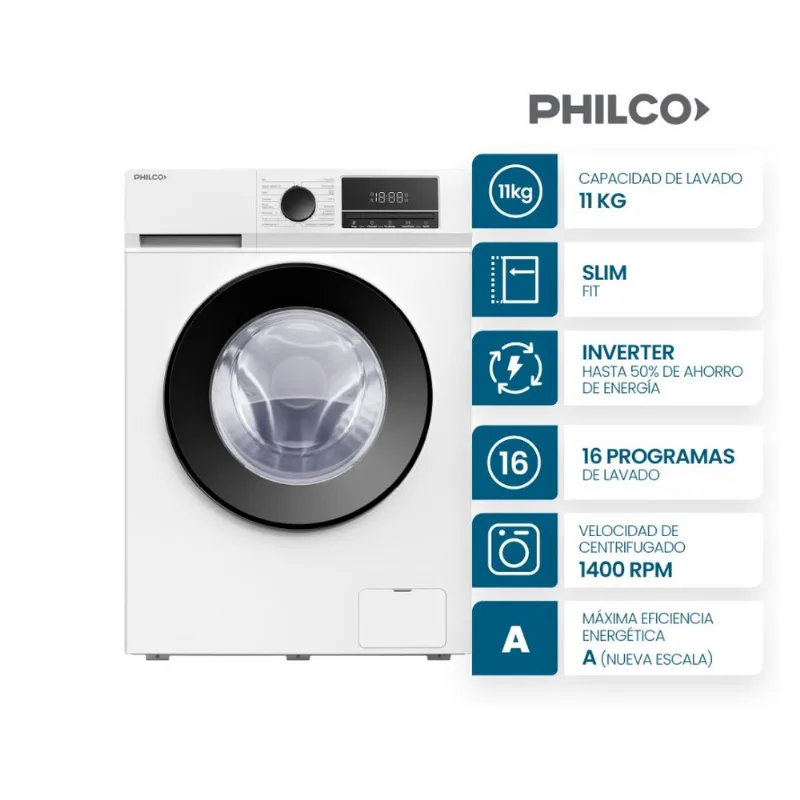 Lavarropas carga frontal Philco 11 Kg Inverter PHLF111BN2 Blanco