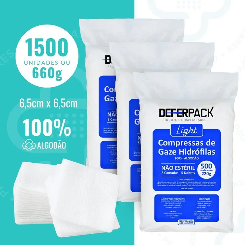 Compressa De Gaze Hidrófila Premium 1500 Unidades 660 Gramas