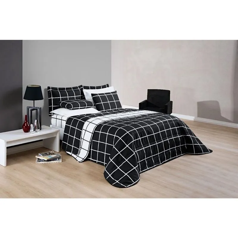 Cama Casal King Xadrez 200 Fios Seda - Preto