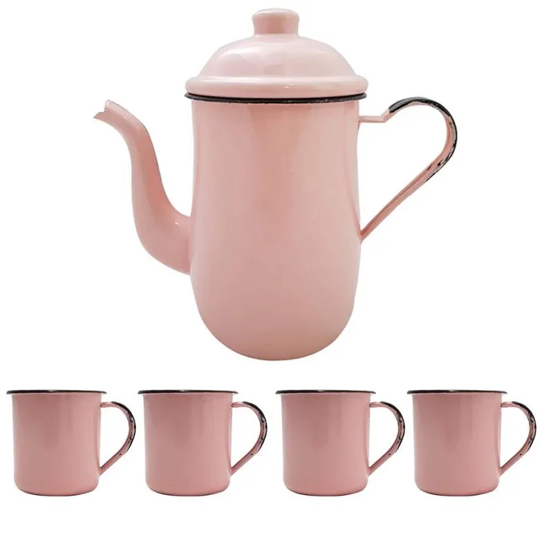 Bule Café Esmaltado 1,25 Litros e 4 Xícaras 70ml Tradicional Rosa