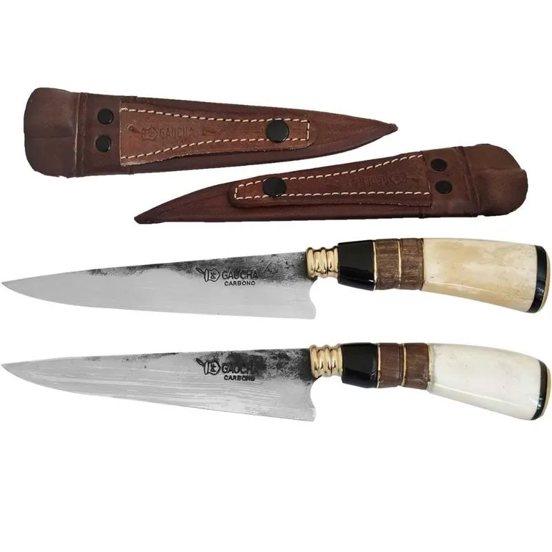 2 Facas Modelo Tesoura de Tosquia Artesanal 7' Gaúcha Churrasco Carbono 1070 Chifre Madeira Osso