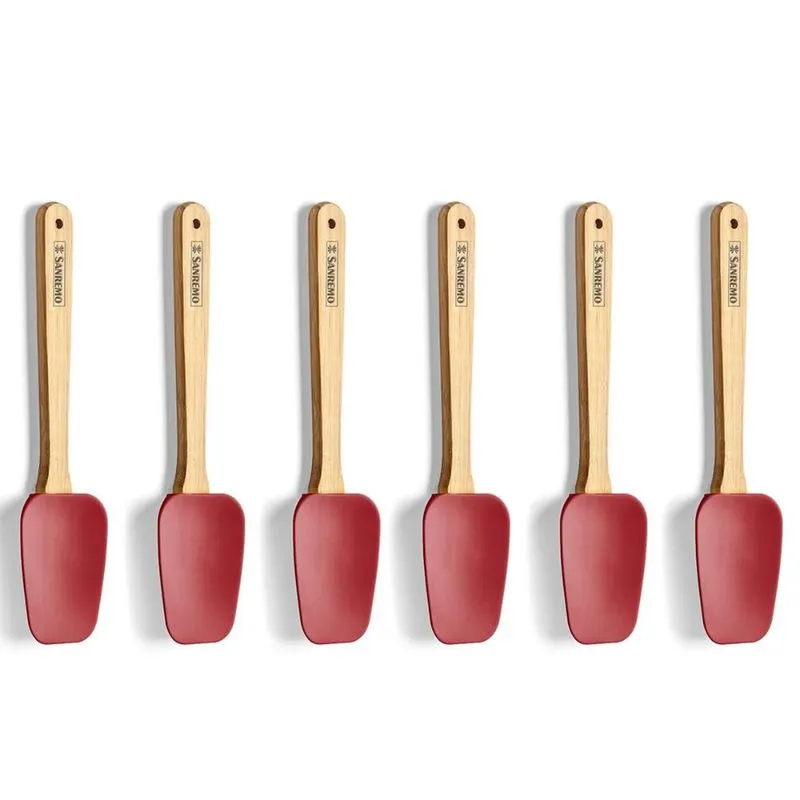 Kit 6 Espátulas Colheres de Silicone Pão Duro Bambu Utensílios Cozinha Vermelho