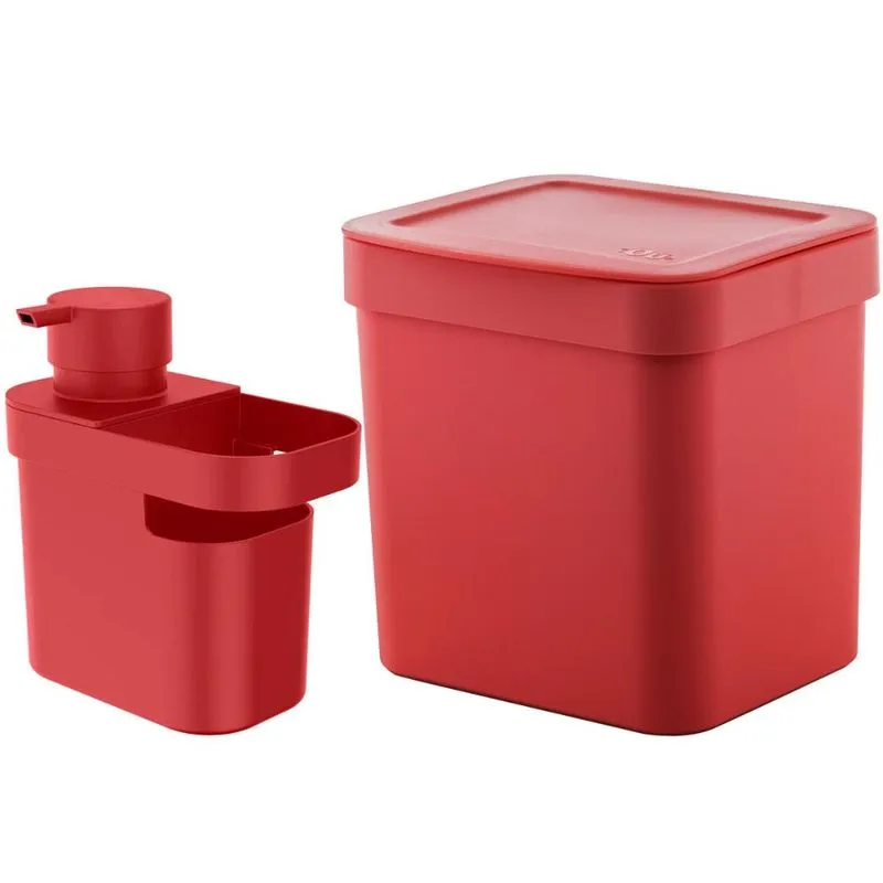 Lixeira Para Pia De Cozinha 4,7L E Dispenser Porta Detergente E Organizador 650ml Vermelho ou