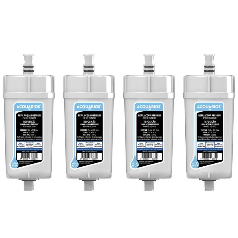 Kit 4 Refis Purificadores de Água com Tripla Filtragem para Torneira com Filtro Premium Acquabios