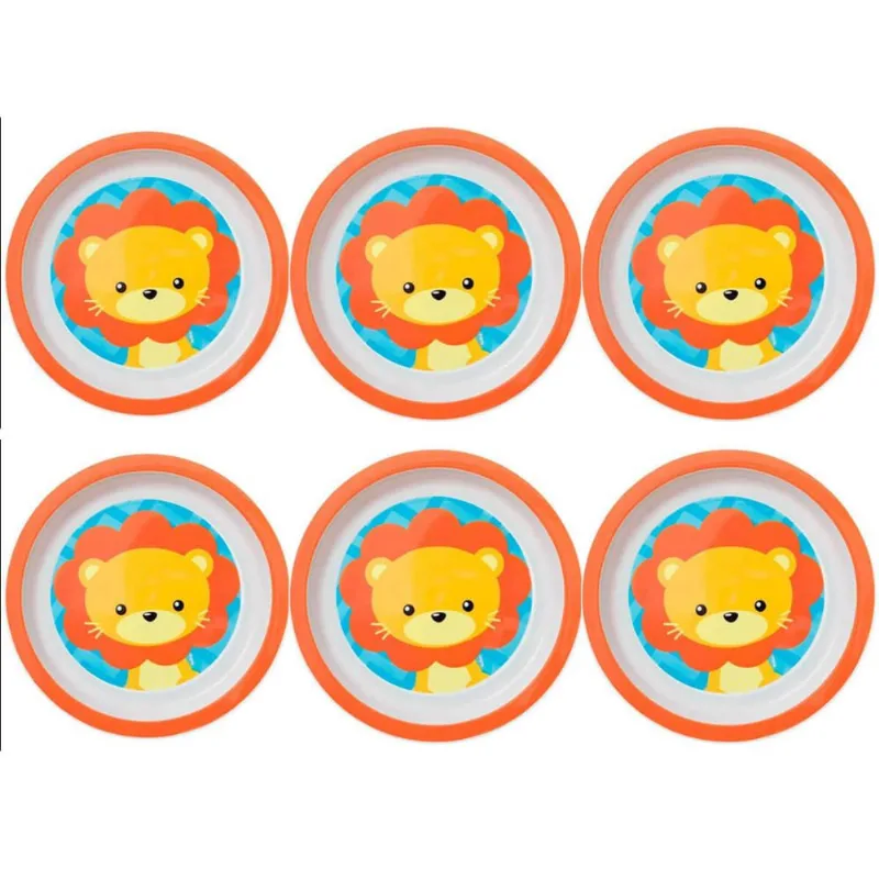6 Pratos Infantil Buba de Criança Prato Raso Redondo 21cm Plástico Leão Animal Fun Laranja