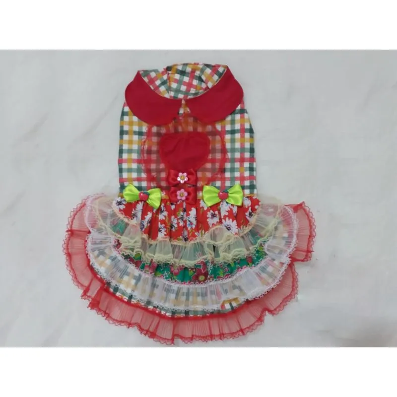 Vestido Pet Festa Junina Xadrez Com Rendas - Tamanho M
