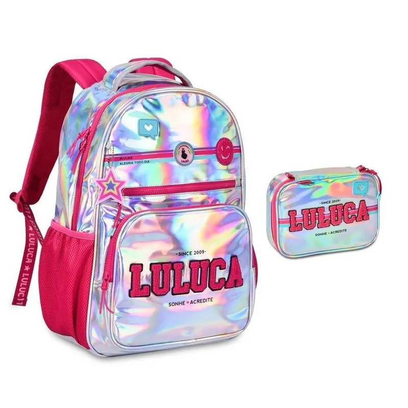 Mochila E Estojo Luluca Prateado - Kit Escolar 44x14x33cm