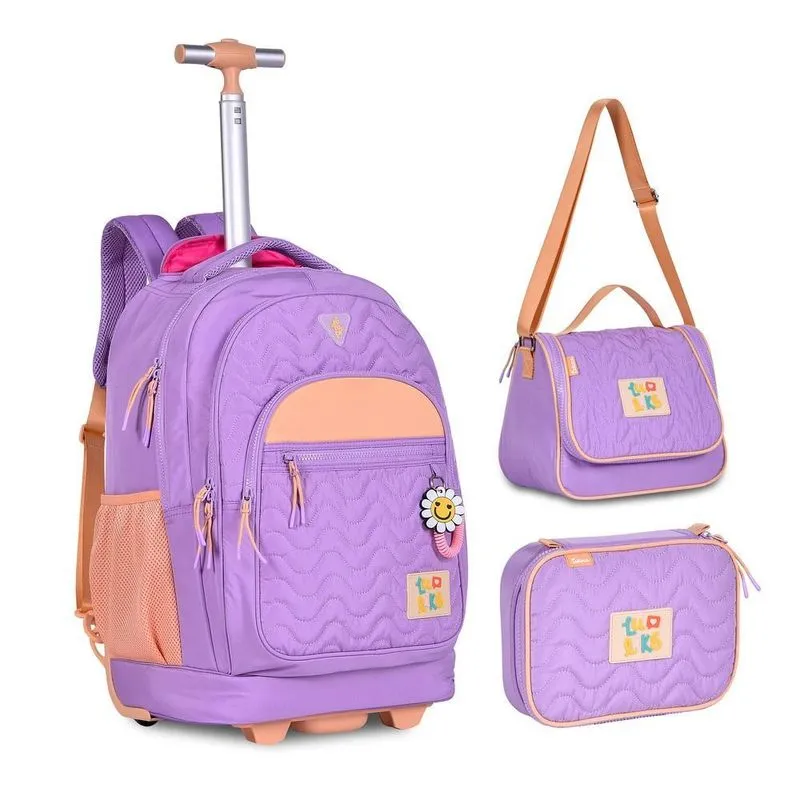 Mochila Luluca Lilás Com Lancheira E Estojo - Kit Completo