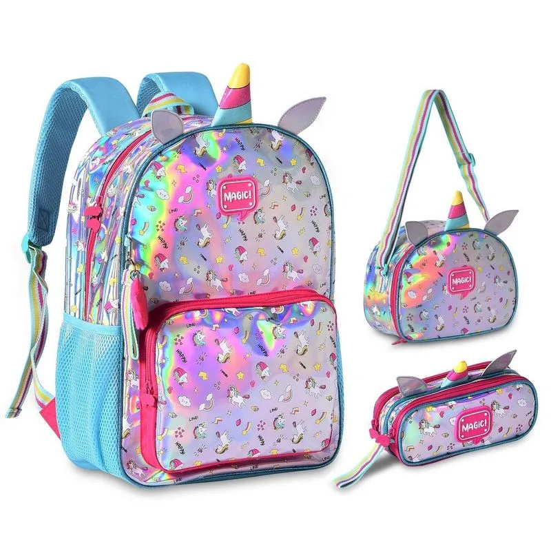 Mochila Unicórnio Holográfica 40x30cm - Kit Escolar