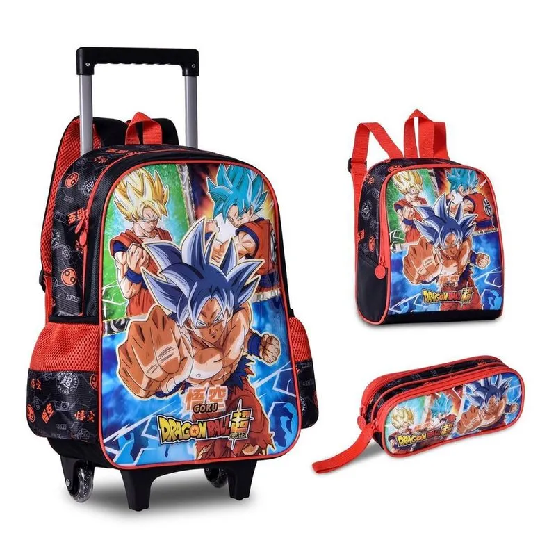 Mochila Carrinho Com Lancheira E Estojo Dragon Ball Z Super