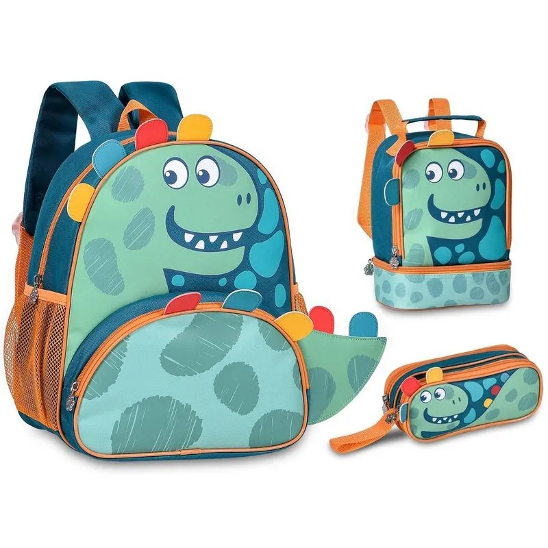 Mochila Lancheira E Estojo Escolar Dinossauros Kit Escolar