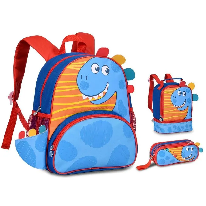 Mochila Lancheira E Estojo Escolar Dinossauros Kit Escolar
