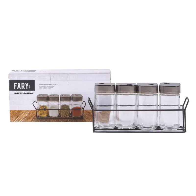 Especieros Fary Home cuadrados con rack metálico tpea set x 4