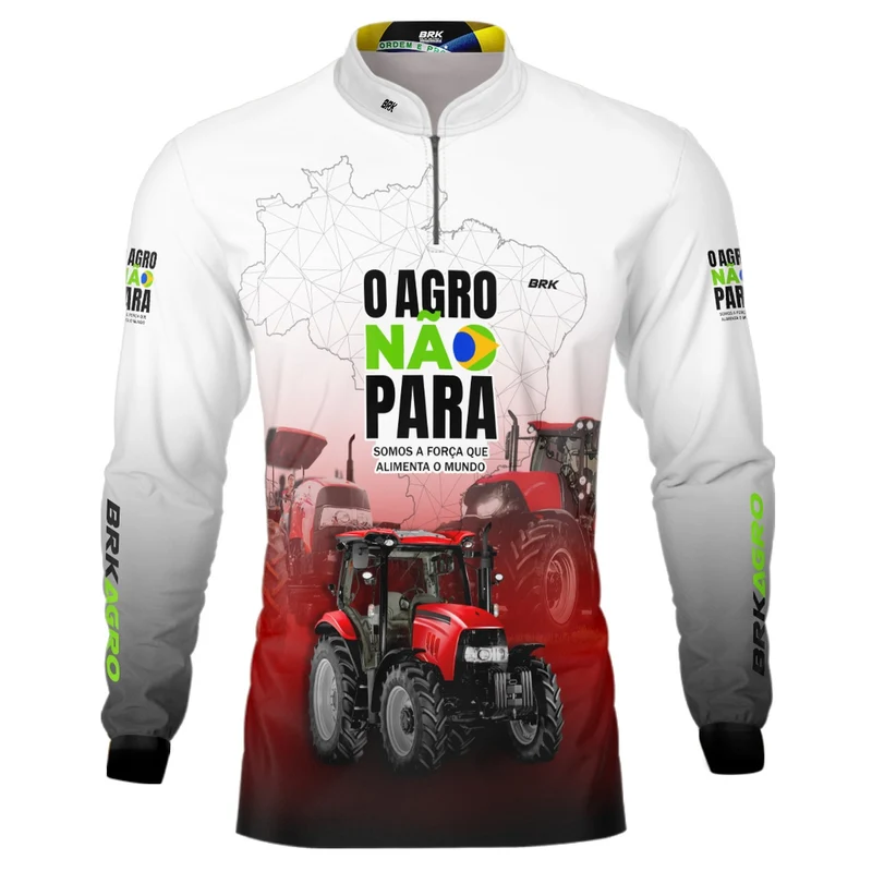 Camisa Agro Brk Branca e Vermelha O Agro Não Para com Proteção Solar UV50+ M