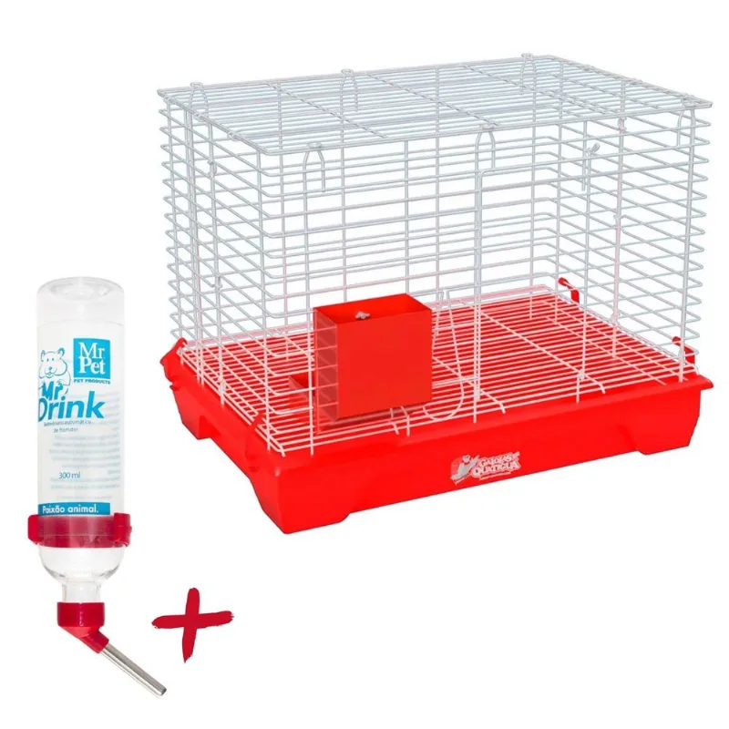Kit Gaiola Desmontável Comedouro Bebedouro Coelho - Vermelho