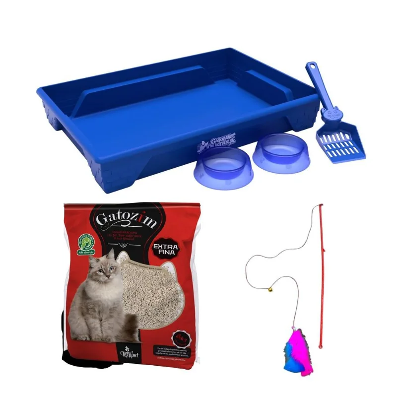 Kit Gato Bandeja Areia Pá E Brinquedo Varinha - Azul