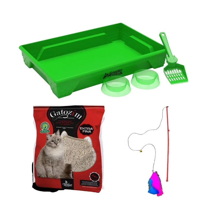 Kit Gato Bandeja Areia Pá E Brinquedo Varinha - Verde