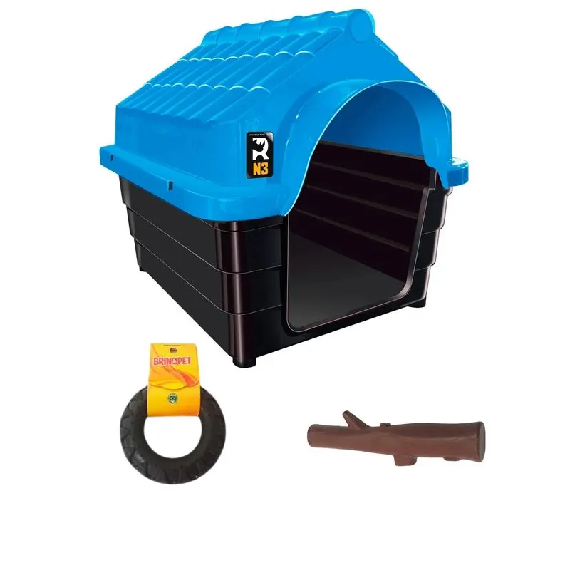 Casinha N3 Cães Cachorro E Brinquedo Pneu E Galho - Azul