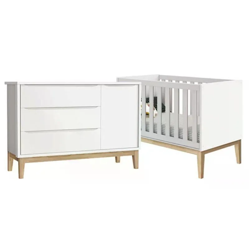 Jogo de Quarto Cômoda com Porta e Berço Americano Classic MDF Branco Fosco Reller Móveis