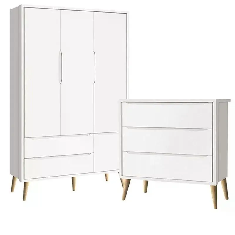 Conjunto De Quarto Guarda Roupa Theo 3 Portas Bater 2 Gavetas Mdf Cômoda 3 Gavetas Branco Fosco