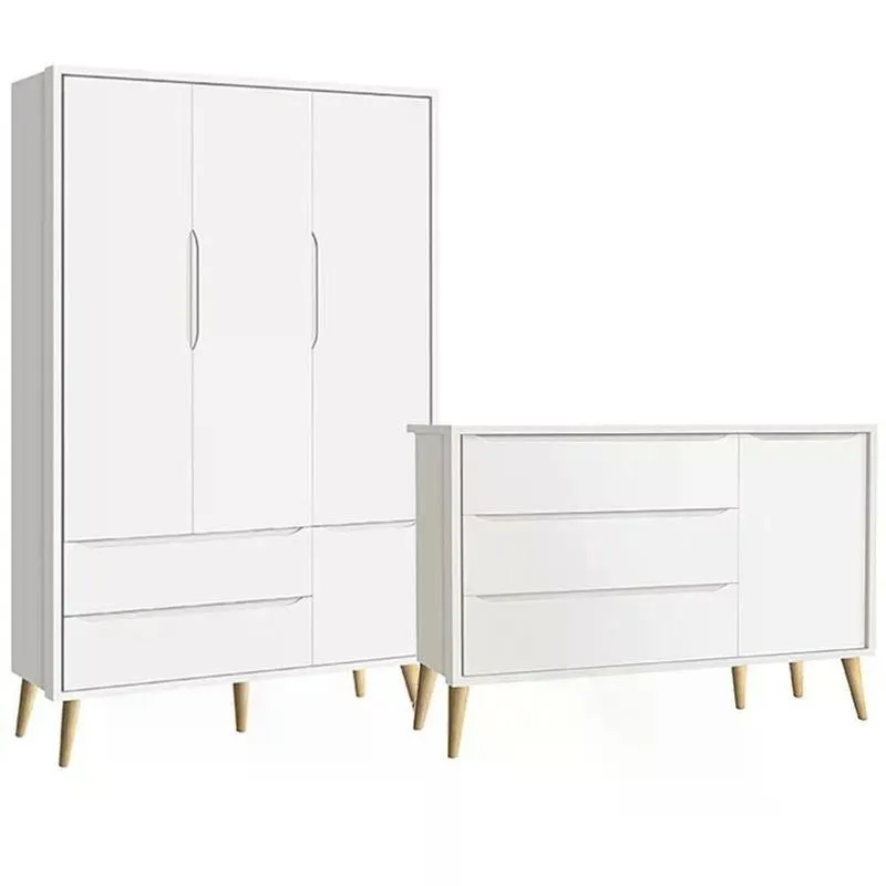 Conjunto De Quarto Guarda Roupa E Cômoda Theo 3 Portas 2 Gavetas MDF Branco Fosco Reller Móveis