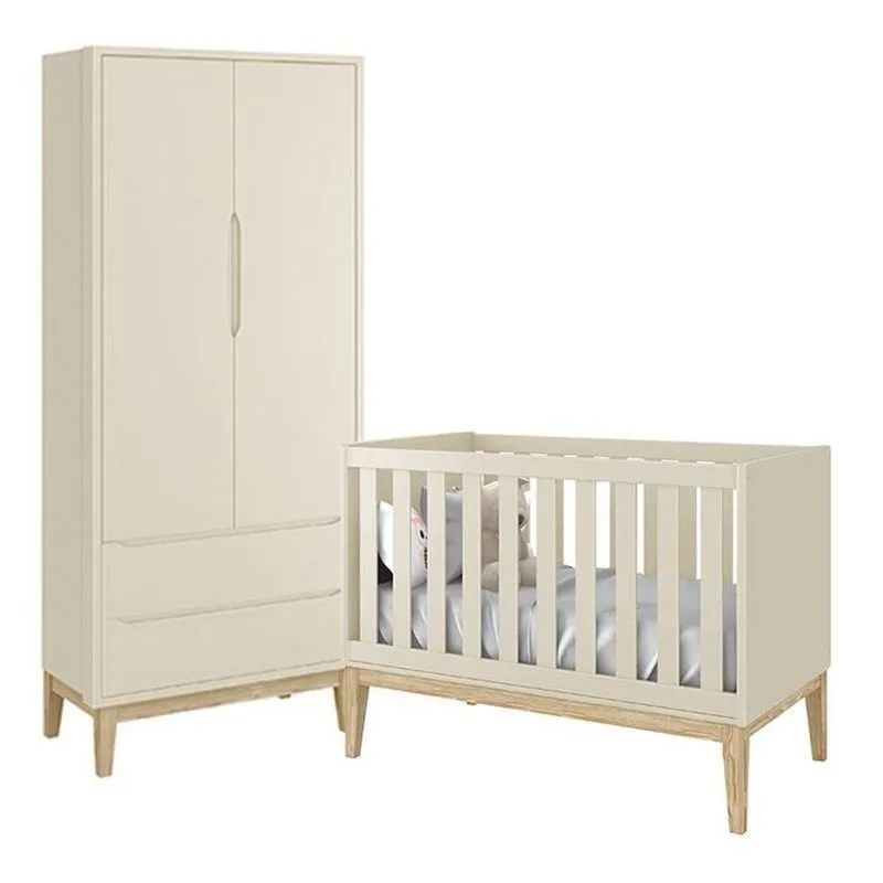 Conjunto De Quarto Classic Guarda Roupa 2 Portas E Berço Areia Fosco Reller Móveis