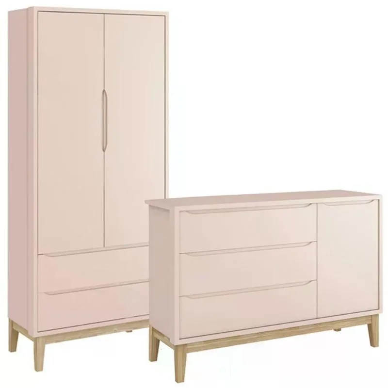 Jogo de Quarto Classic Guarda Roupa 2 Portas e Cômoda MDF Rosa Fosco com Pés Madeira Natural Reller