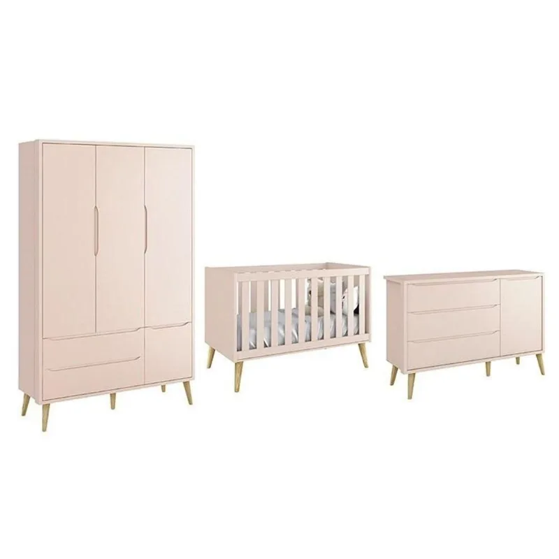 Conjunto de Quarto Theo 3 Portas 2 Gavetas MDF 133CM Rosa