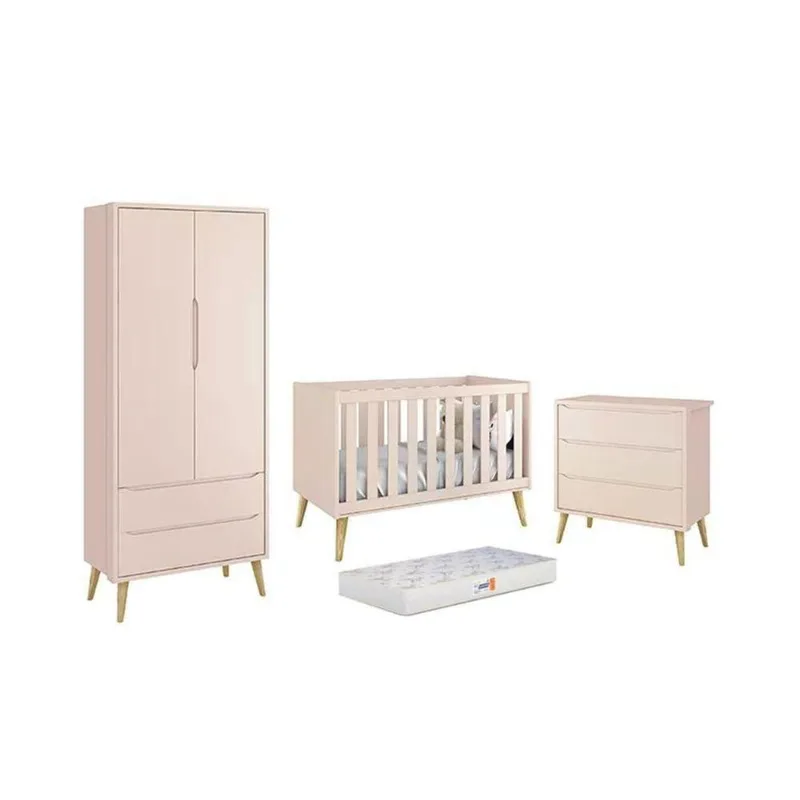 Conjunto de Quarto Theo 2 Portas de Bater 2 Gavetas MDF Laqueado Rosa Reller Móveis