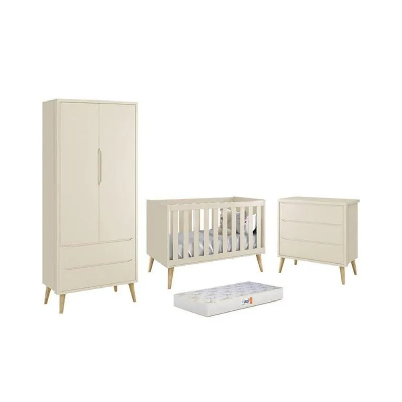 Conjunto de Quarto Theo Guarda Roupa 2 Portas Cômoda 3 Gavetas Berço Colchão D18 MDF Areia Fosco