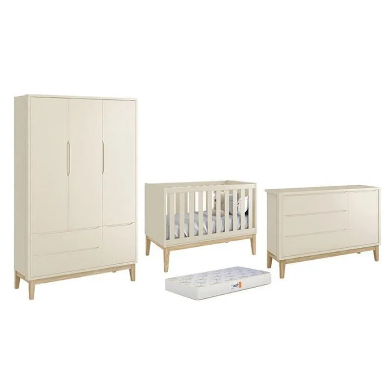 Conjunto de Quarto Classic com Guarda Roupa Berço Americano Cômoda e Colchão D18 Bege Fosco Reller