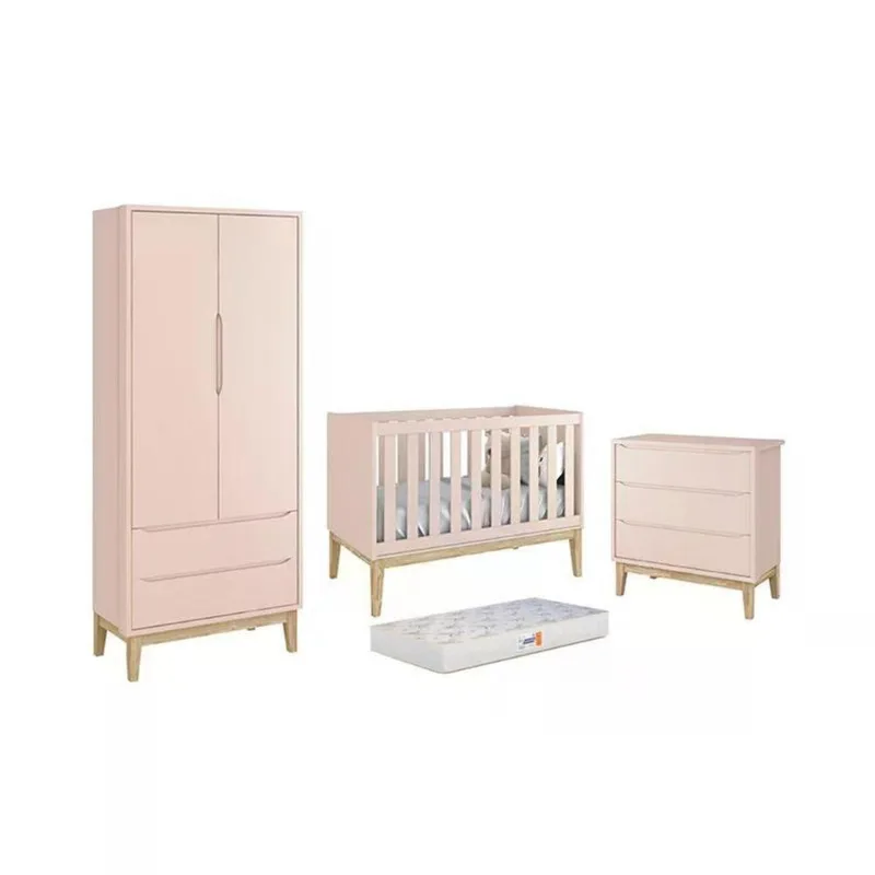 Conjunto de Quarto Classic 2 Portas Giratória 2 Gavetas MDF Pés Madeira Natural Rosa Reller Móveis