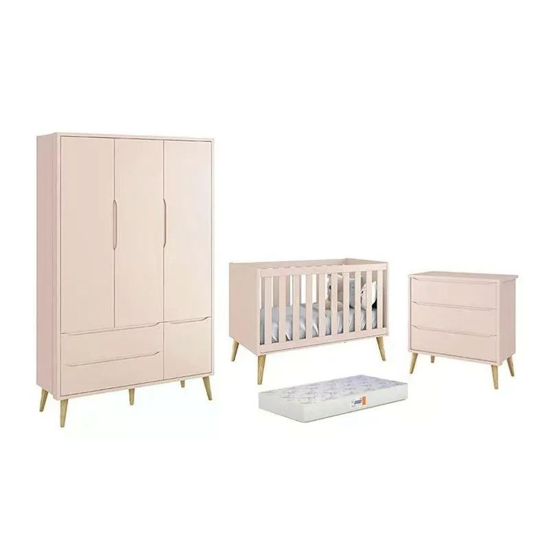 Dormitório Theo 3 Portas, Cômoda 3 Gavetas Rosa Com Pés Madeira Natural E Colchão D18 - Reller Móveis Rosa