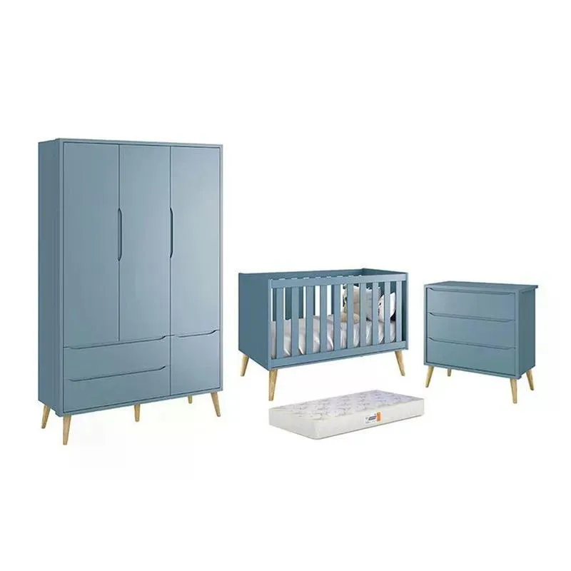 Dormitório Theo 3 Portas, Cômoda 3 Gavetas Azul Com Pés Madeira Natural E Colchão D18 - Reller Móveis Azul