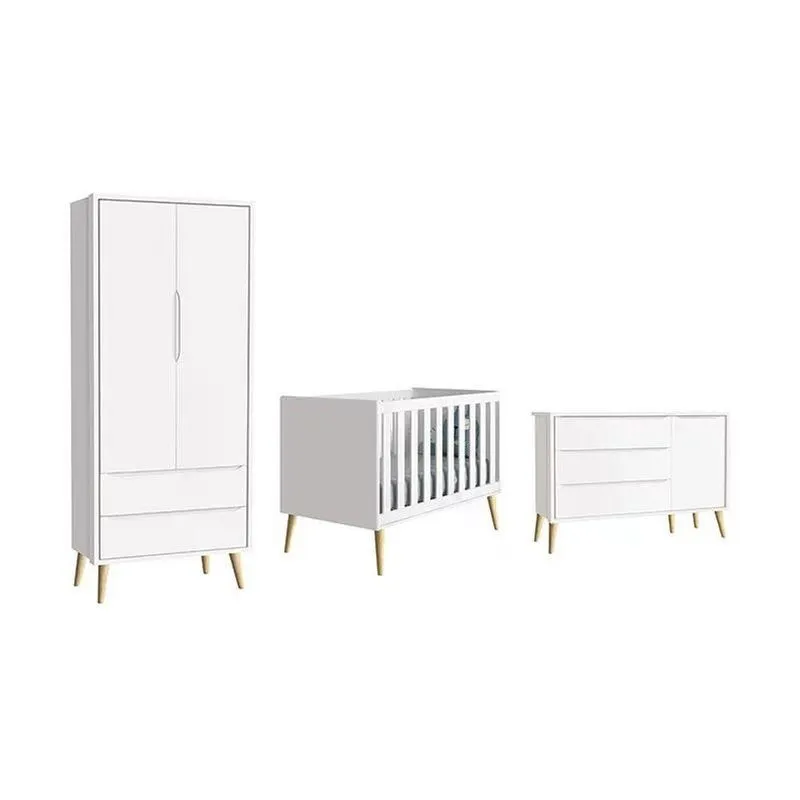 Conjunto De Quarto Theo Guarda Roupa Comoda Berço 3 Gavetas Mdf Puxador Embutido Branco Reller