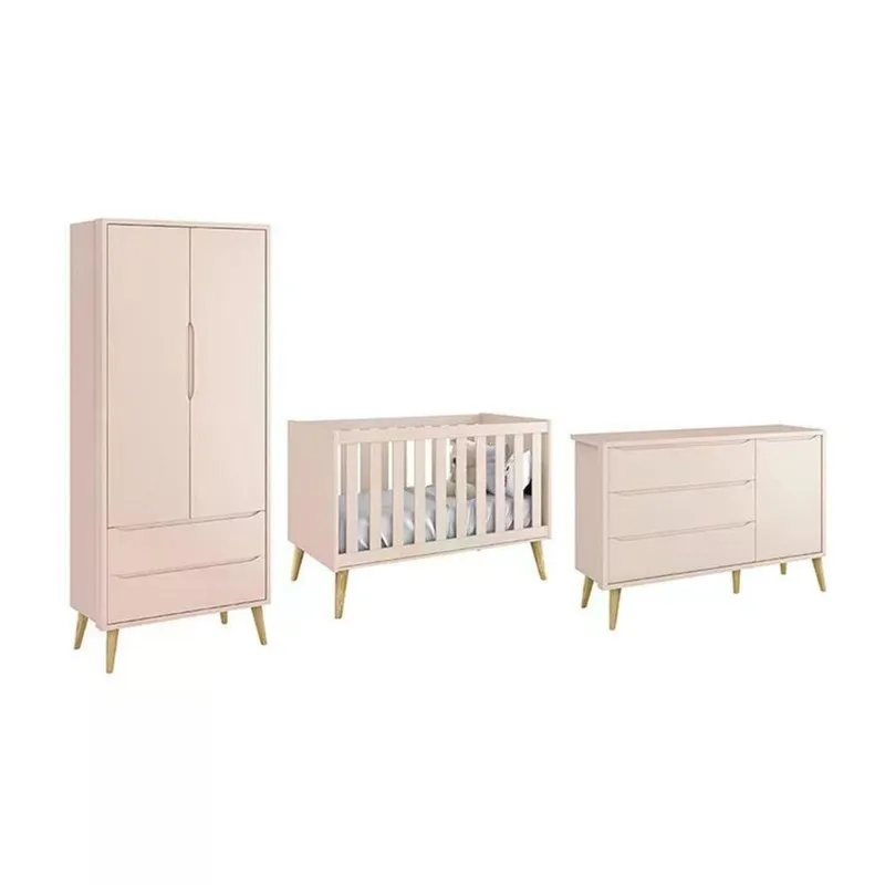 Conjunto de Quarto Theo com Guarda Roupa e Cômoda e Berço 2 Portas 5 Gavetas MDF Rosa Reller Móveis