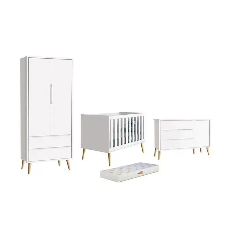 Conjunto De Quarto Theo Guarda Roupa Cômoda Berço Colchão D18 Mdf Branco Reller Móveis