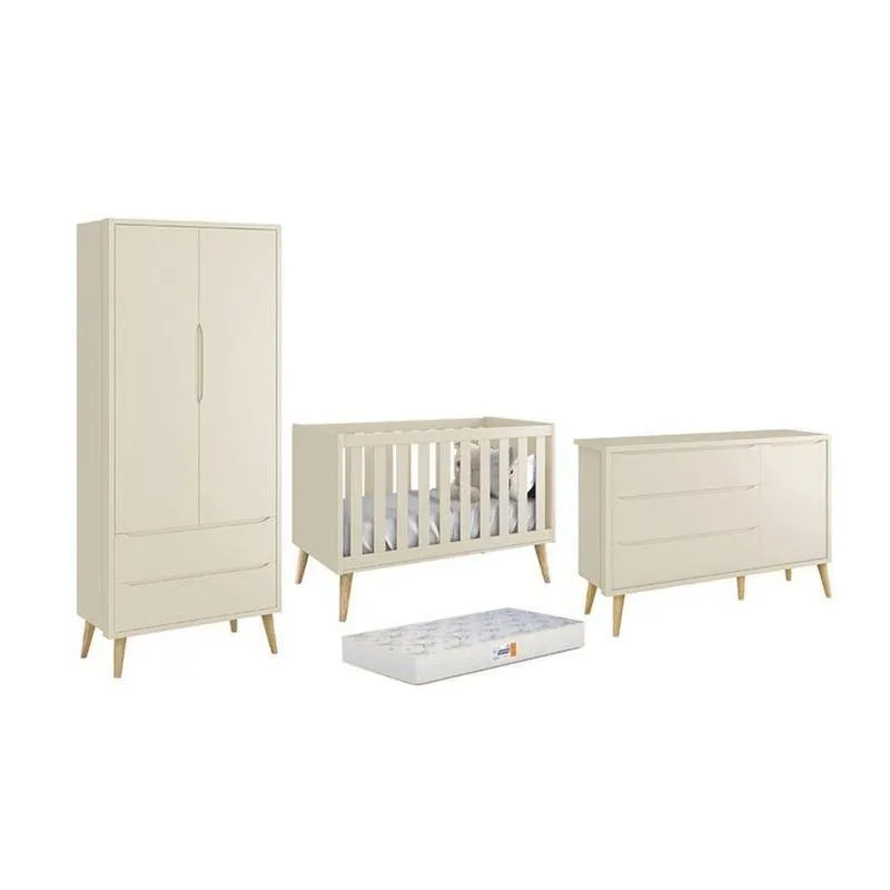 Conjunto De Quarto Theo Com Guarda Roupa E Cômoda E Berço E Colchão D18 Bege Reller Móveis