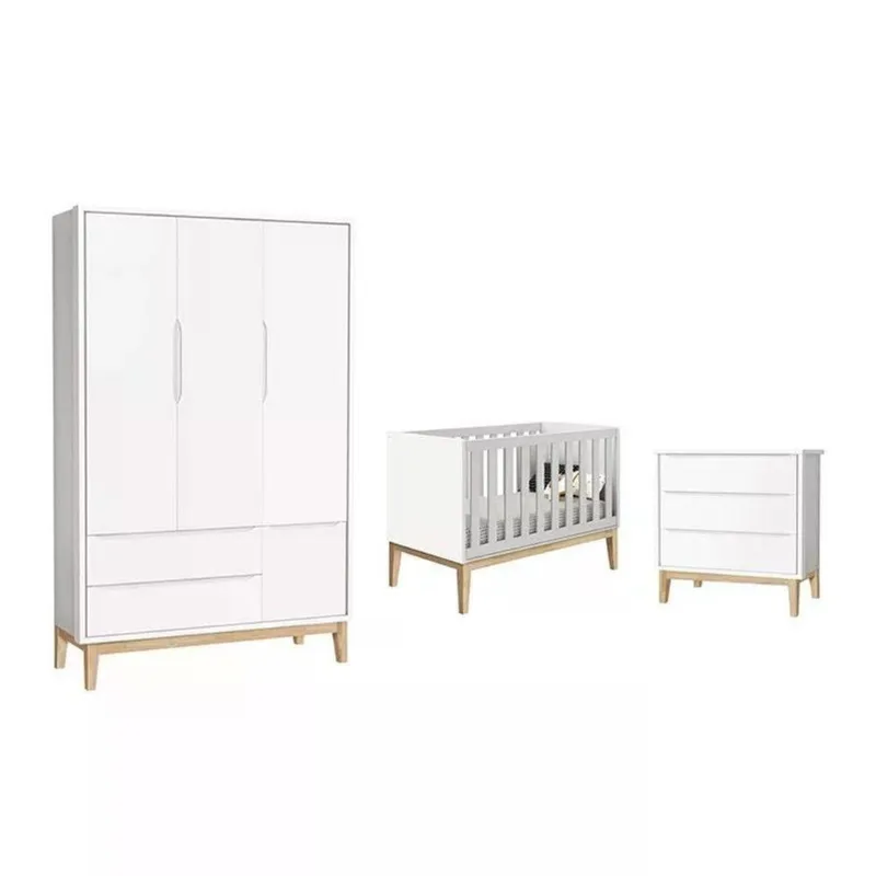 Conjunto de Quarto Guarda Roupa 3 Portas Cômoda 3 Gavetas MDF Branco com Pés Madeira Natural Reller